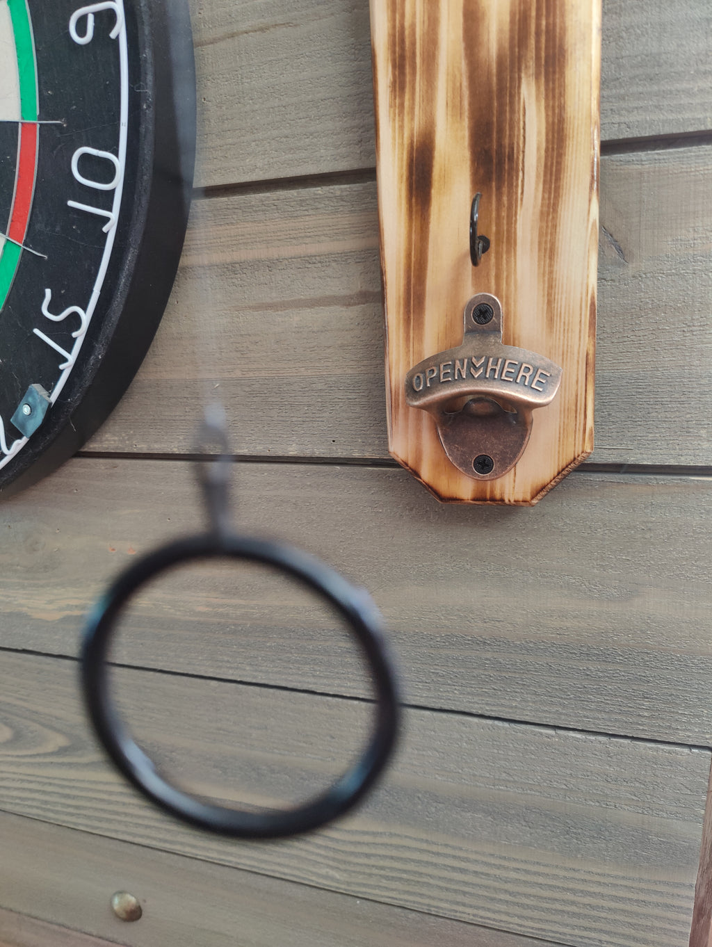 Wall Mounted  Hook and Ring Game,  with bottle opener and holder for your can or bottle, expertly crafted from solid wood
