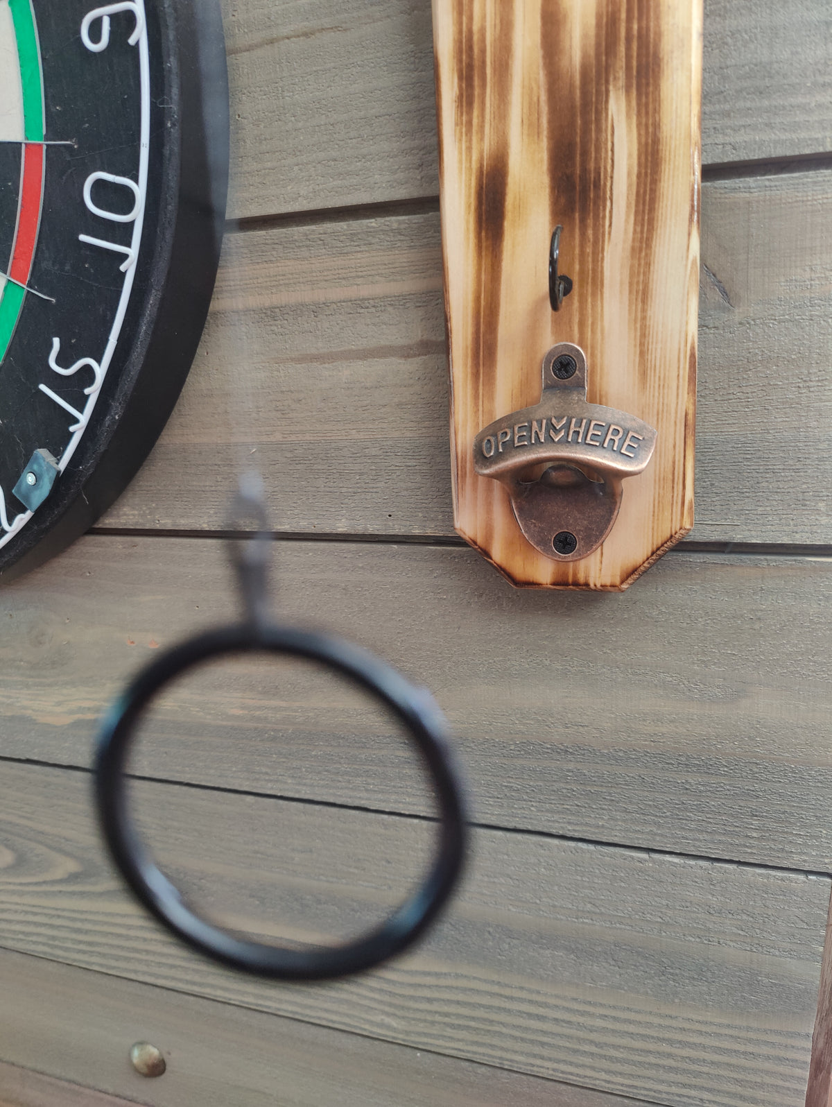 Wall Mounted  Hook and Ring Game,  with bottle opener and holder for your can or bottle, expertly crafted from solid wood