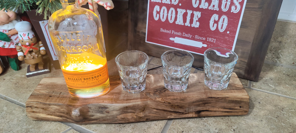 Whiskey & Bourbon Bottle and Glass Display with LED Light - Live Edge Wormy Maple  – Rustic Handcrafted Bar Decor (Copy)