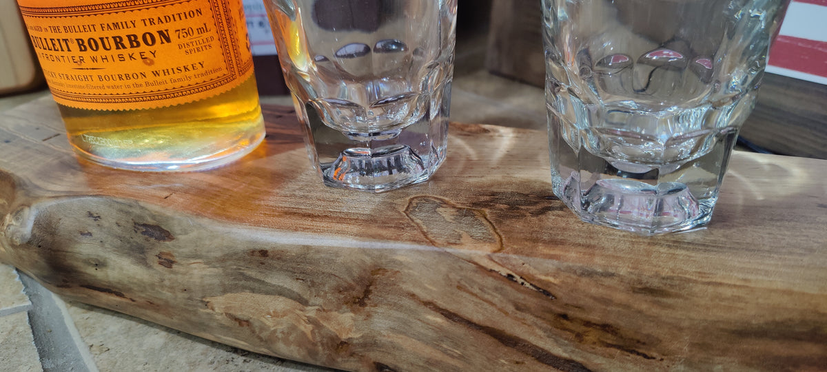 Whiskey & Bourbon Bottle and Glass Display with LED Light - Live Edge Wormy Maple  – Rustic Handcrafted Bar Decor (Copy)