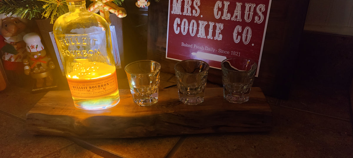 Whiskey & Bourbon Bottle and Glass Display with LED Light - Live Edge Wormy Maple  – Rustic Handcrafted Bar Decor (Copy)