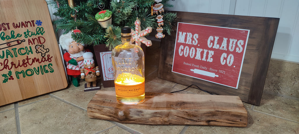 Whiskey & Bourbon Bottle and Glass Display with LED Light - Live Edge Wormy Maple  – Rustic Handcrafted Bar Decor (Copy)