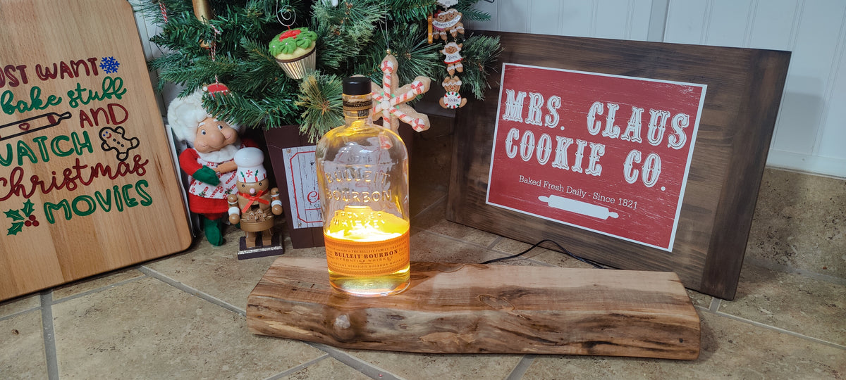 Whiskey & Bourbon Bottle and Glass Display with LED Light - Live Edge Wormy Maple  – Rustic Handcrafted Bar Decor (Copy)