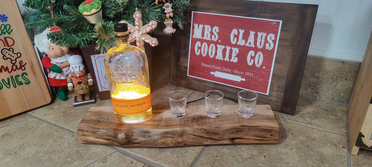 Whiskey & Bourbon Bottle and Glass Display with LED Light - Live Edge Wormy Maple  – Rustic Handcrafted Bar Decor (Copy)