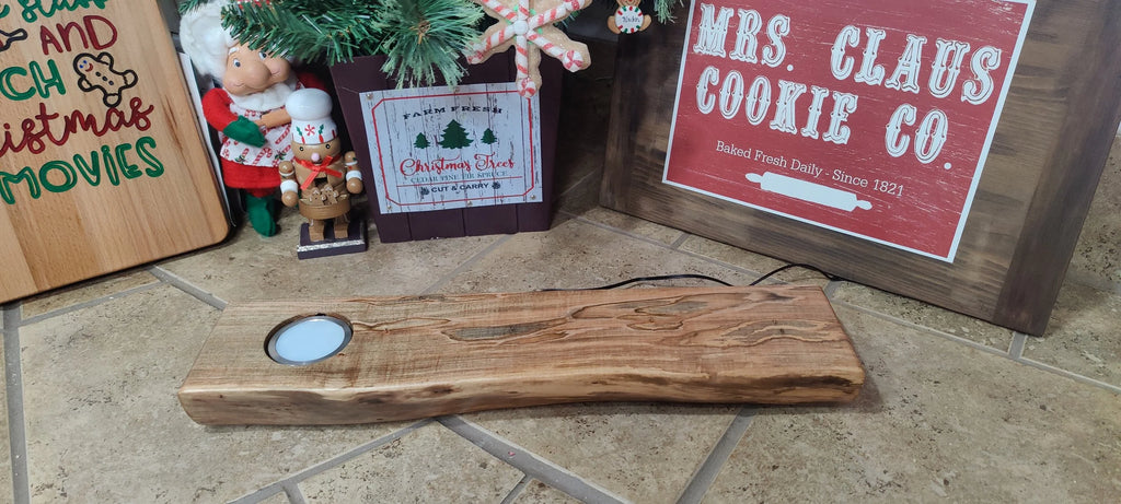 Whiskey & Bourbon Bottle and Glass Display with LED Light - Live Edge Wormy Maple  – Rustic Handcrafted Bar Decor