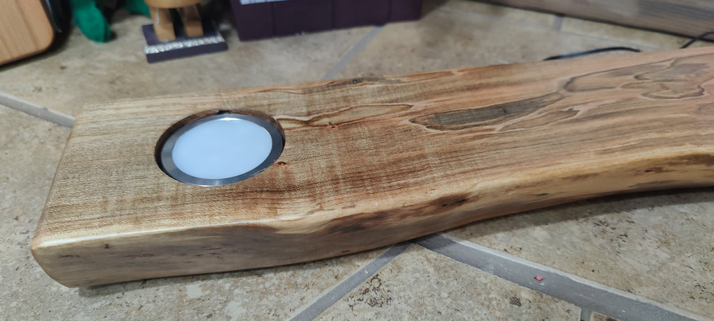 Whiskey & Bourbon Bottle and Glass Display with LED Light - Live Edge Wormy Maple  – Rustic Handcrafted Bar Decor