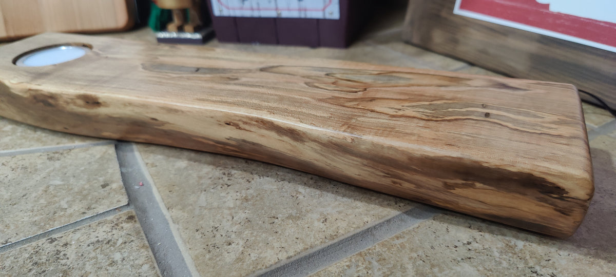 Whiskey & Bourbon Bottle and Glass Display with LED Light - Live Edge Wormy Maple  – Rustic Handcrafted Bar Decor