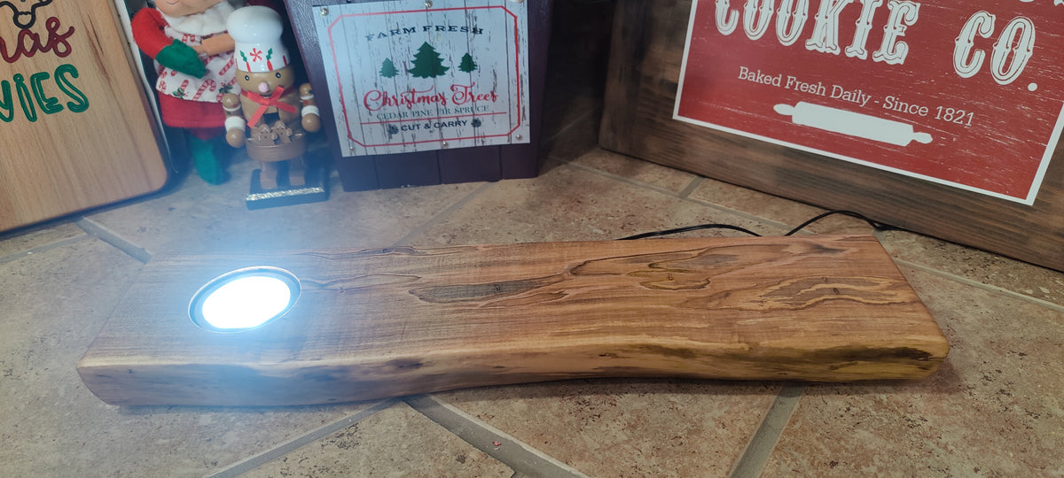 Whiskey & Bourbon Bottle and Glass Display with LED Light - Live Edge Wormy Maple  – Rustic Handcrafted Bar Decor