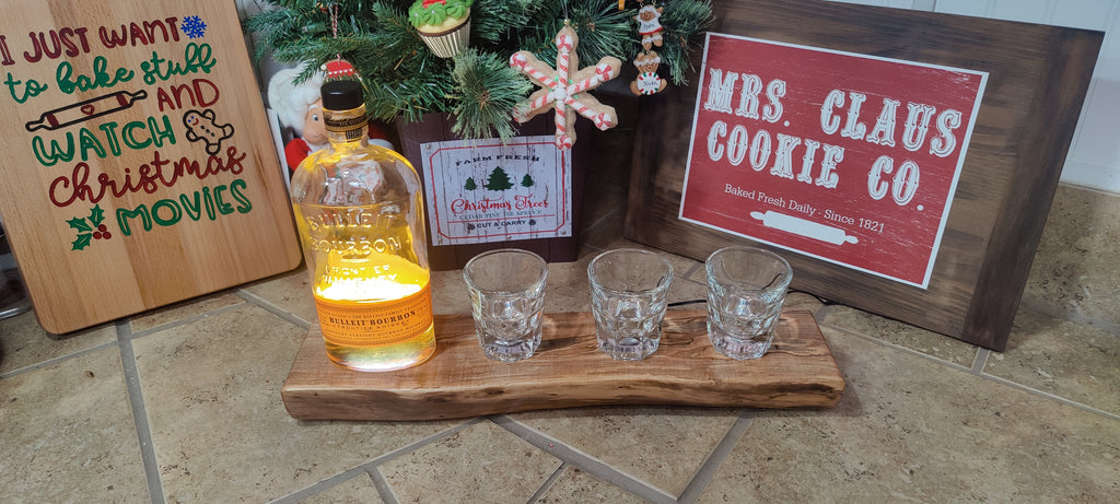 Whiskey & Bourbon Bottle and Glass Display with LED Light - Live Edge Wormy Maple  – Rustic Handcrafted Bar Decor