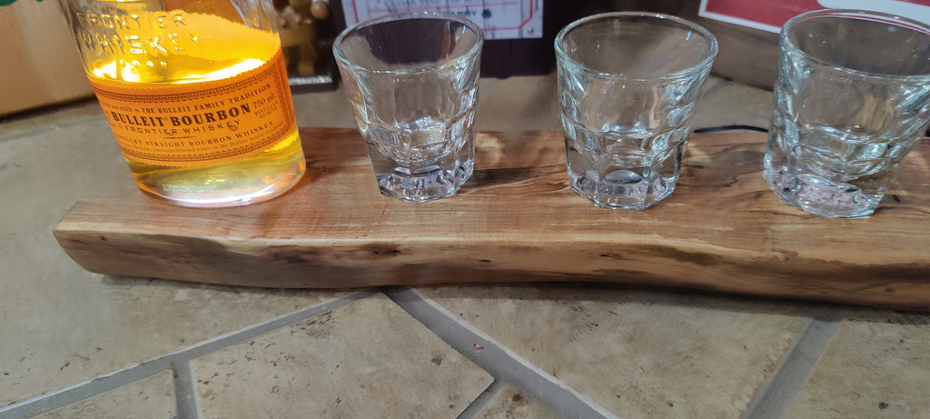 Whiskey & Bourbon Bottle and Glass Display with LED Light - Live Edge Wormy Maple  – Rustic Handcrafted Bar Decor