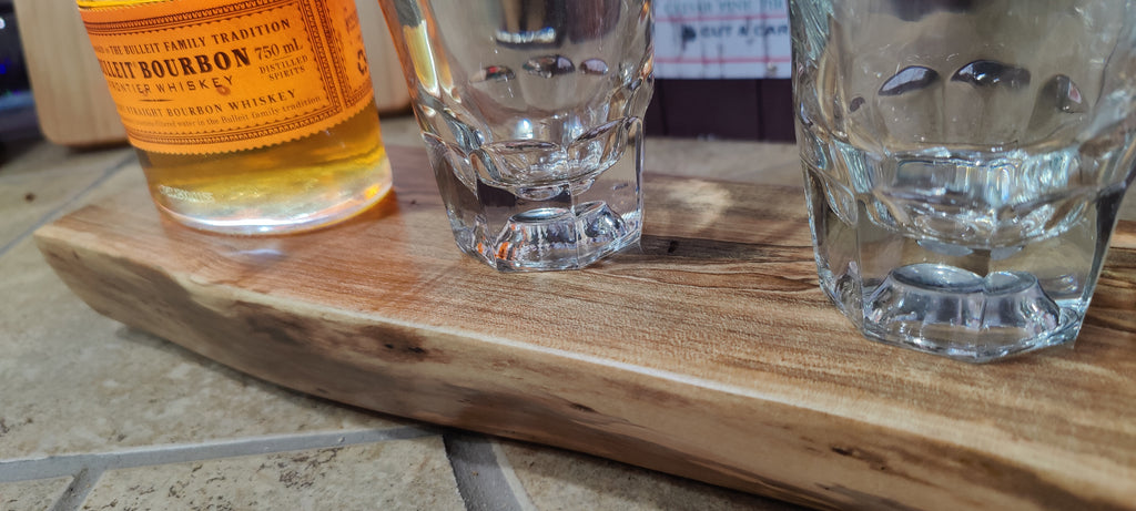 Whiskey & Bourbon Bottle and Glass Display with LED Light - Live Edge Wormy Maple  – Rustic Handcrafted Bar Decor