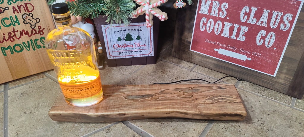 Whiskey & Bourbon Bottle and Glass Display with LED Light - Live Edge Wormy Maple  – Rustic Handcrafted Bar Decor