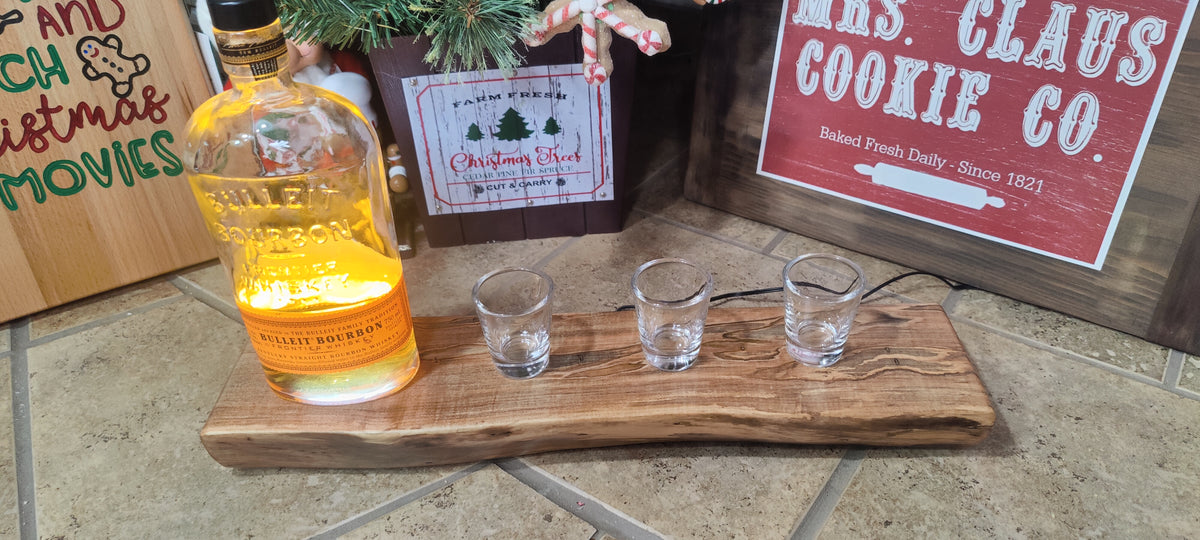 Whiskey & Bourbon Bottle and Glass Display with LED Light - Live Edge Wormy Maple  – Rustic Handcrafted Bar Decor