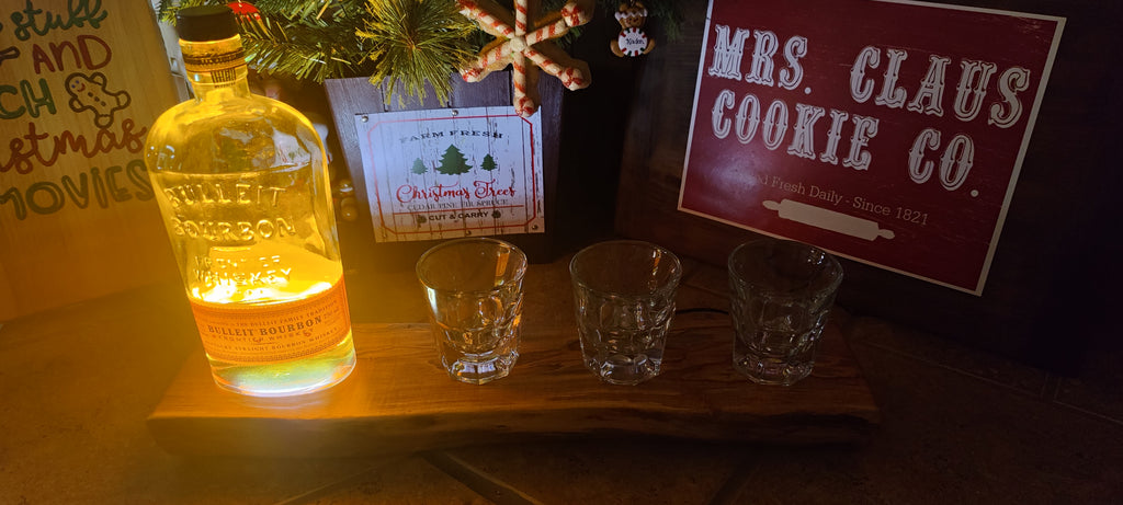 Whiskey & Bourbon Bottle and Glass Display with LED Light - Live Edge Wormy Maple  – Rustic Handcrafted Bar Decor