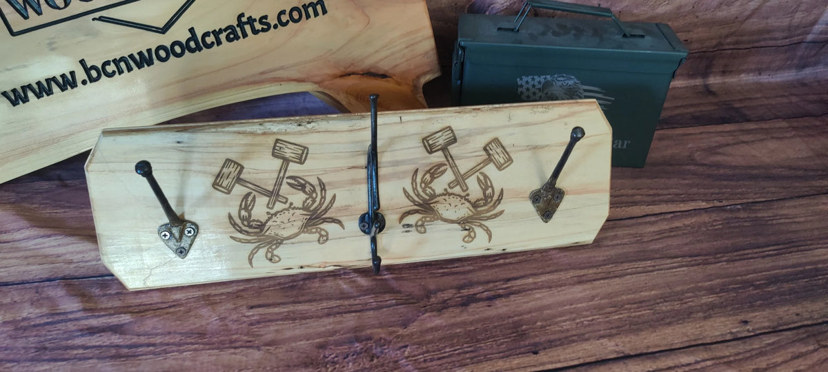 Handcrafted Maple Wall-Mounted Coat Rack with Three Hooks with Maryland Crab Engravings
