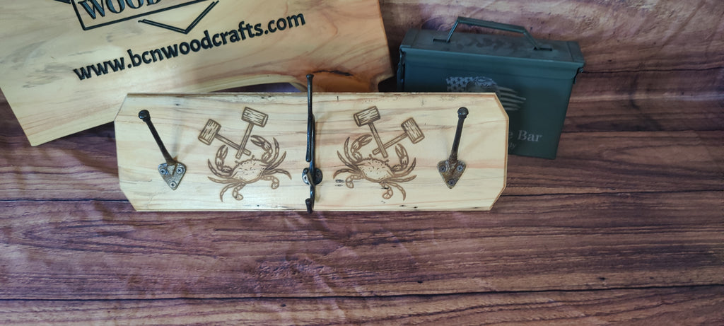 Handcrafted Maple Wall-Mounted Coat Rack with Three Hooks with Maryland Crab Engravings