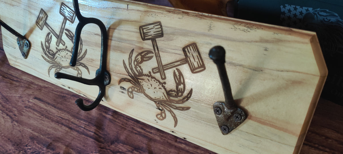 Handcrafted Maple Wall-Mounted Coat Rack with Three Hooks with Maryland Crab Engravings