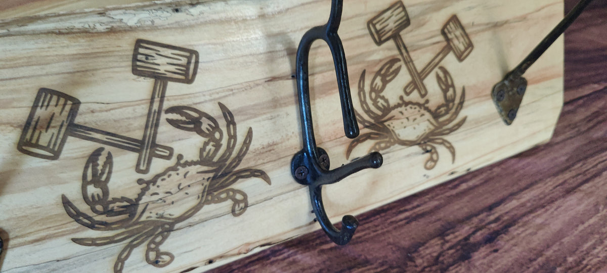 Handcrafted Maple Wall-Mounted Coat Rack with Three Hooks with Maryland Crab Engravings