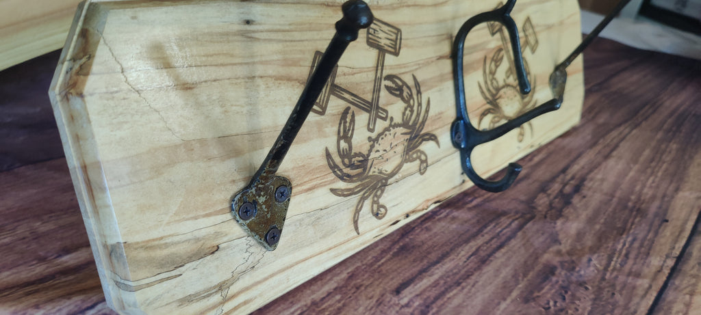 Handcrafted Maple Wall-Mounted Coat Rack with Three Hooks with Maryland Crab Engravings