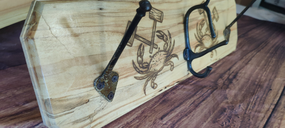 Handcrafted Maple Wall-Mounted Coat Rack with Three Hooks with Maryland Crab Engravings