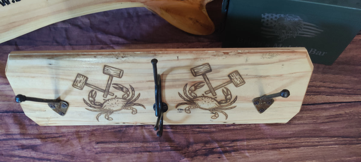 Handcrafted Maple Wall-Mounted Coat Rack with Three Hooks with Maryland Crab Engravings