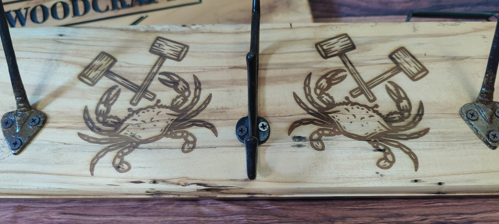 Handcrafted Maple Wall-Mounted Coat Rack with Three Hooks with Maryland Crab Engravings
