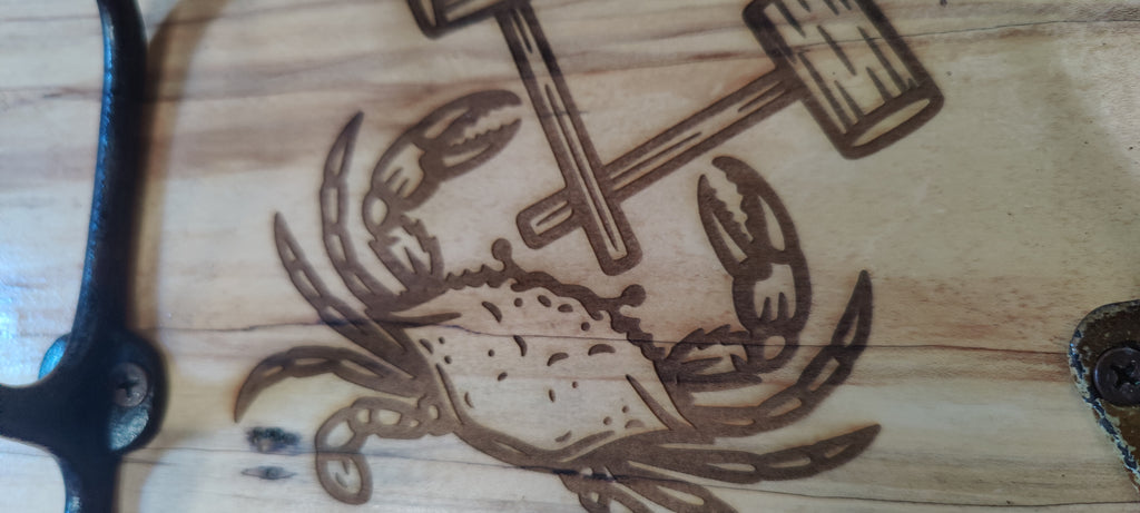 Handcrafted Maple Wall-Mounted Coat Rack with Three Hooks with Maryland Crab Engravings