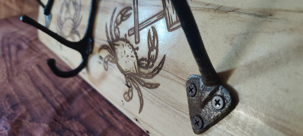 Handcrafted Maple Wall-Mounted Coat Rack with Three Hooks with Maryland Crab Engravings