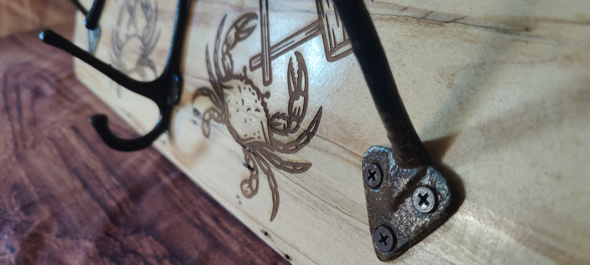 Handcrafted Maple Wall-Mounted Coat Rack with Three Hooks with Maryland Crab Engravings