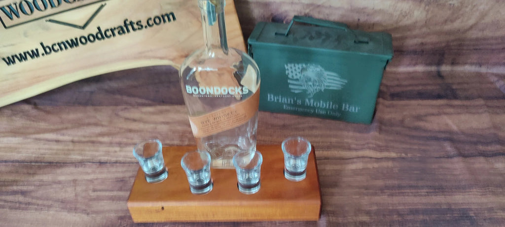 Handcrafted Honduran Mahogany Liquor Bottle Display with Resin-Filled Shot Glass Recesses