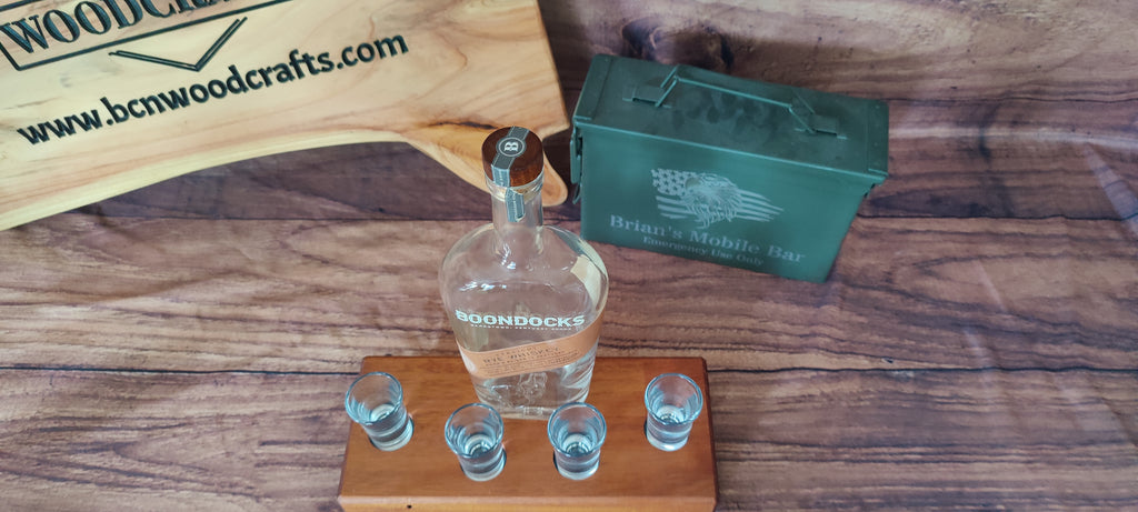 Handcrafted Honduran Mahogany Liquor Bottle Display with Resin-Filled Shot Glass Recesses