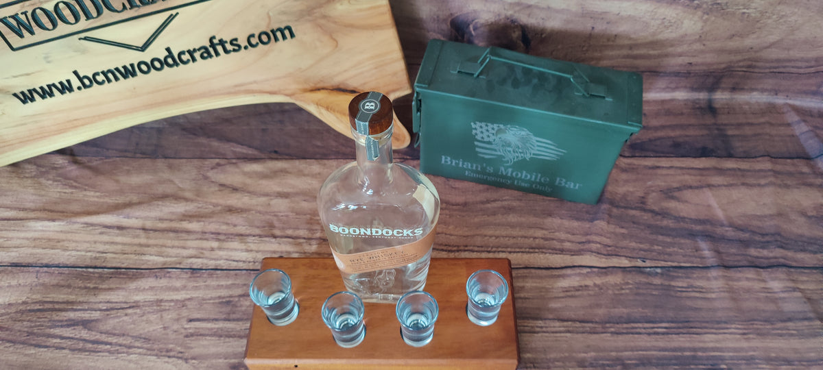Handcrafted Honduran Mahogany Liquor Bottle Display with Resin-Filled Shot Glass Recesses