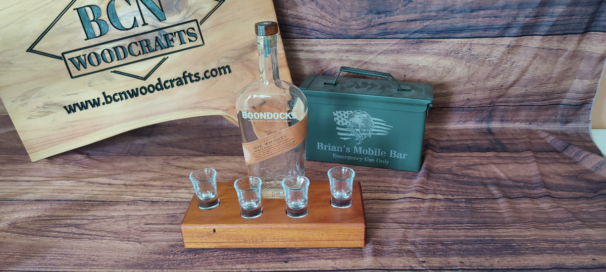 Handcrafted Honduran Mahogany Liquor Bottle Display with Resin-Filled Shot Glass Recesses