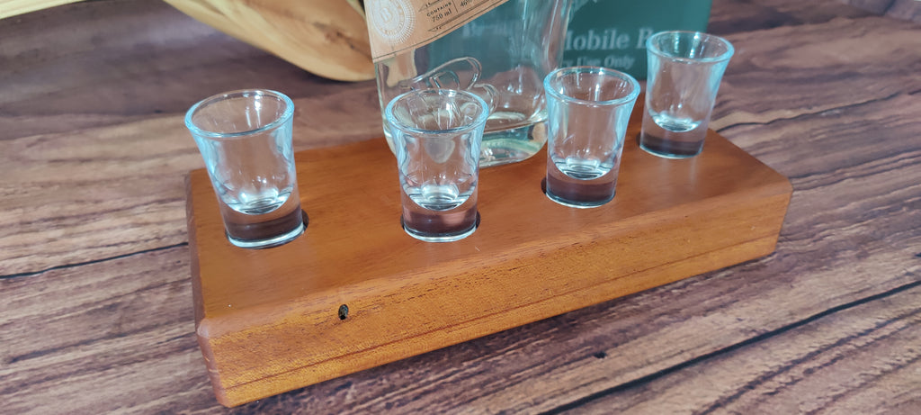 Handcrafted Honduran Mahogany Liquor Bottle Display with Resin-Filled Shot Glass Recesses