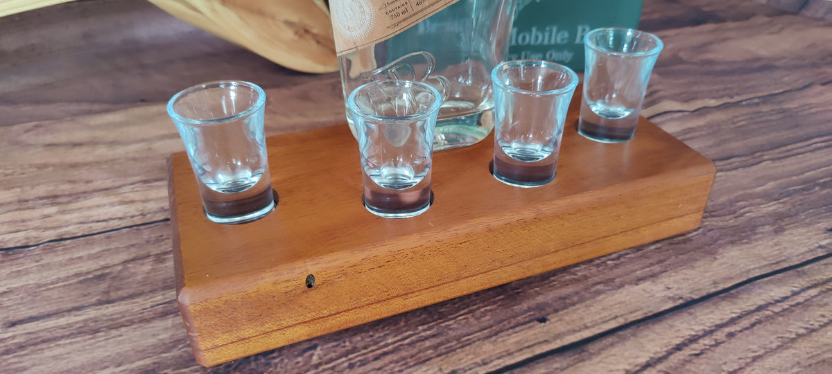 Handcrafted Honduran Mahogany Liquor Bottle Display with Resin-Filled Shot Glass Recesses