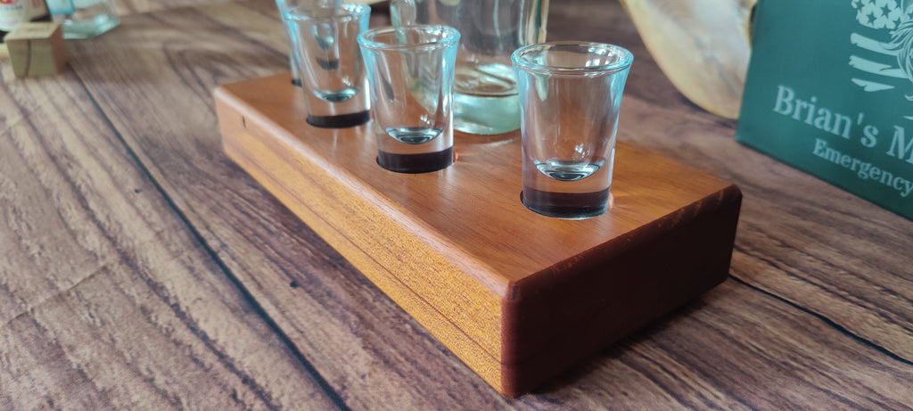 Handcrafted Honduran Mahogany Liquor Bottle Display with Resin-Filled Shot Glass Recesses