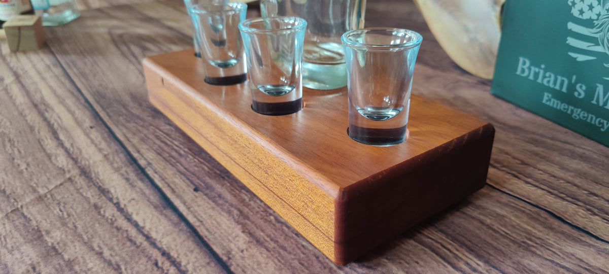 Handcrafted Honduran Mahogany Liquor Bottle Display with Resin-Filled Shot Glass Recesses