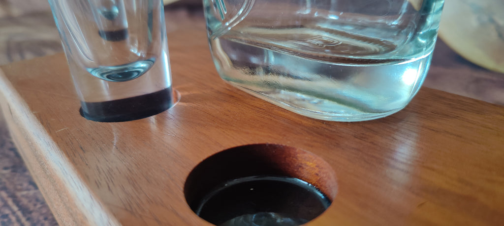 Handcrafted Honduran Mahogany Liquor Bottle Display with Resin-Filled Shot Glass Recesses