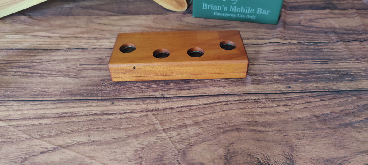 Handcrafted Honduran Mahogany Liquor Bottle Display with Resin-Filled Shot Glass Recesses