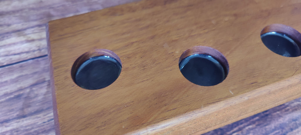 Handcrafted Honduran Mahogany Liquor Bottle Display with Resin-Filled Shot Glass Recesses