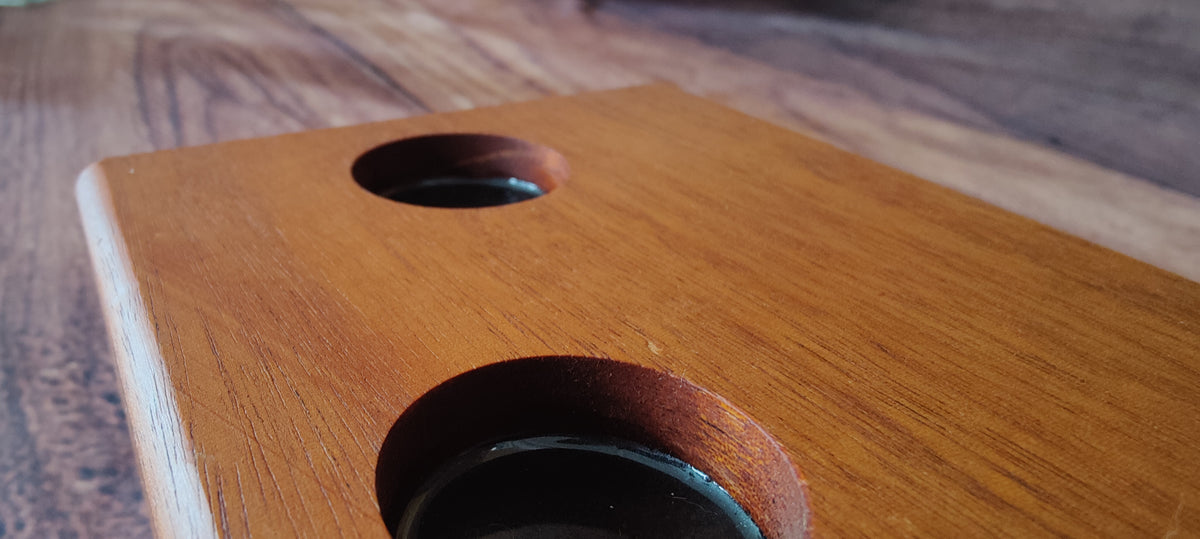 Handcrafted Honduran Mahogany Liquor Bottle Display with Resin-Filled Shot Glass Recesses