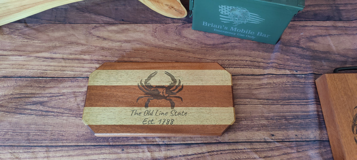 Handcrafted Honduran Mahogany & Myrtle Cutting with Maryland Crab Design