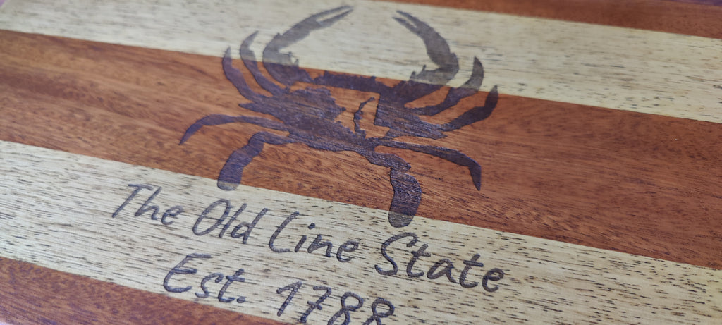 Handcrafted Honduran Mahogany & Myrtle Cutting with Maryland Crab Design