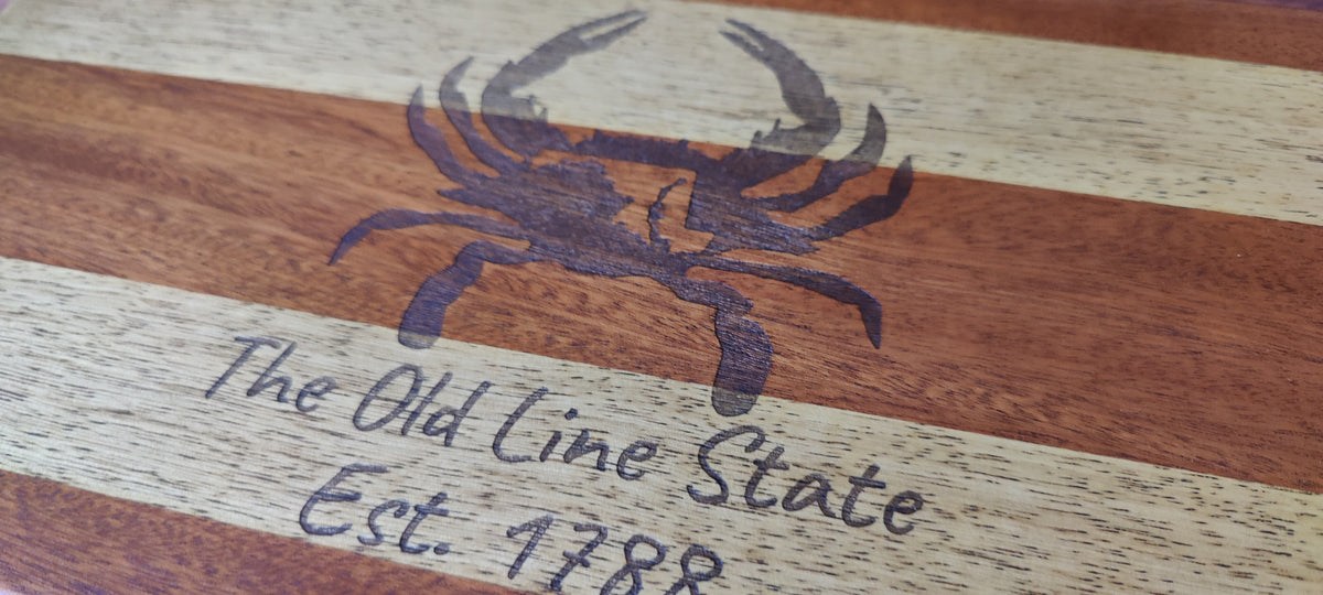 Handcrafted Honduran Mahogany & Myrtle Cutting with Maryland Crab Design