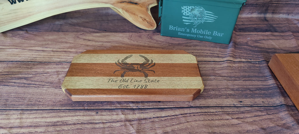 Handcrafted Honduran Mahogany & Myrtle Cutting with Maryland Crab Design