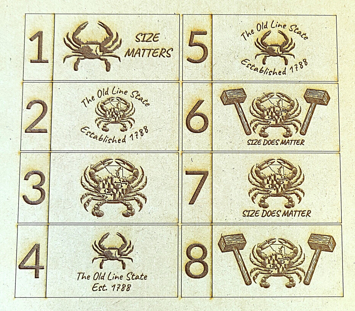 A 4x2 grid of beige square cards or labels, each printed with a brown crab illustration and text such as “Size Matters,” “The Old Line State Established 1788,” or “Size Does Matter,” plus large numbers 1 through 8.