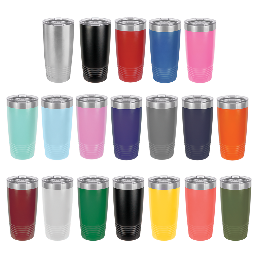 Set of 20 colorful stainless steel tumblers with silver lids on a white , polar camel.background