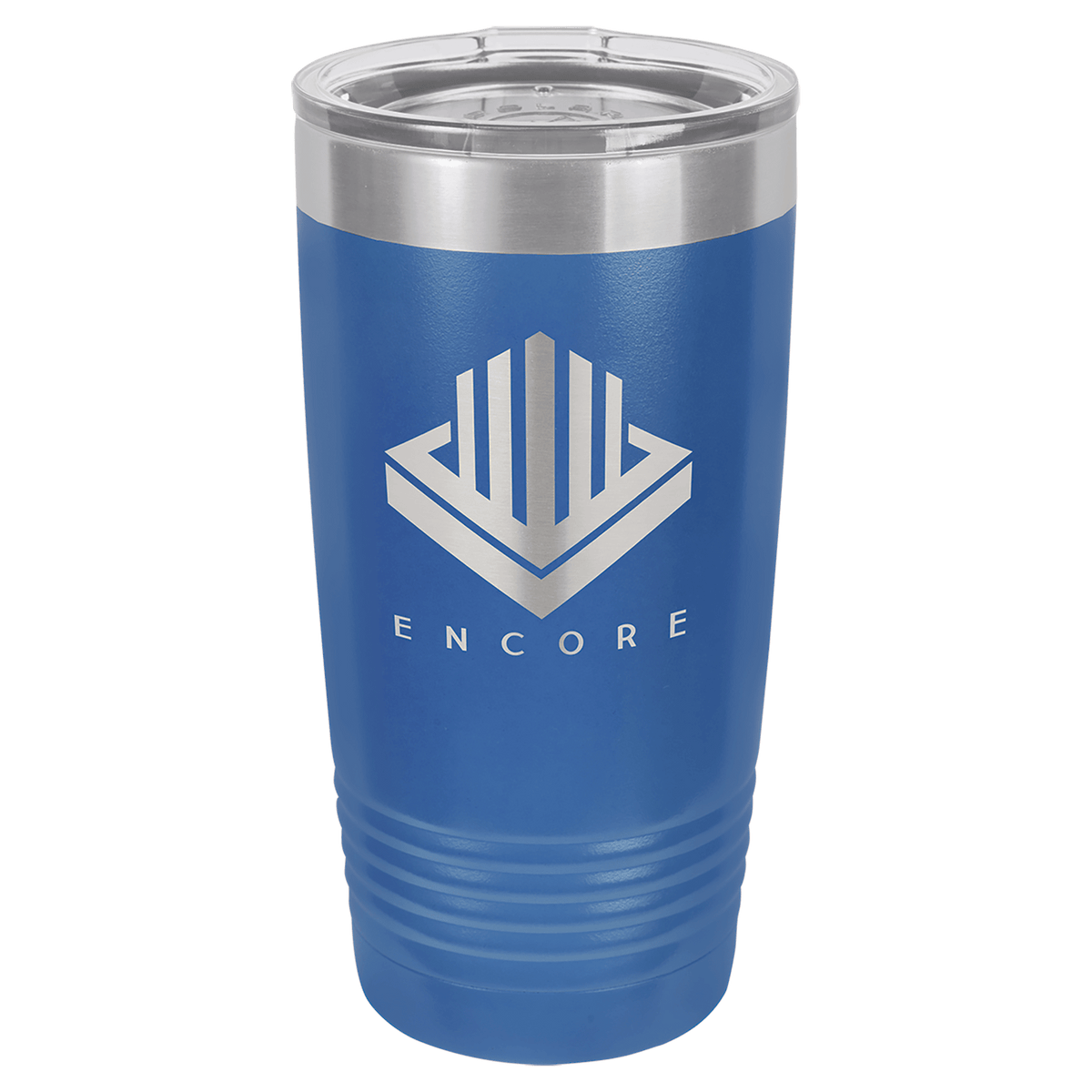 Blue tumbler with silver lid featuring 'ENCORE' logo on a transparent background, polar camel.