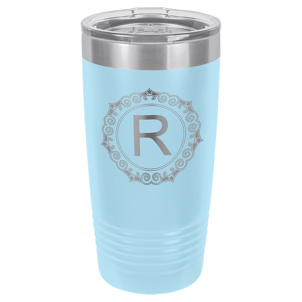 Light blue tumbler with silver monogram 'R' on a clear background, polar camel.