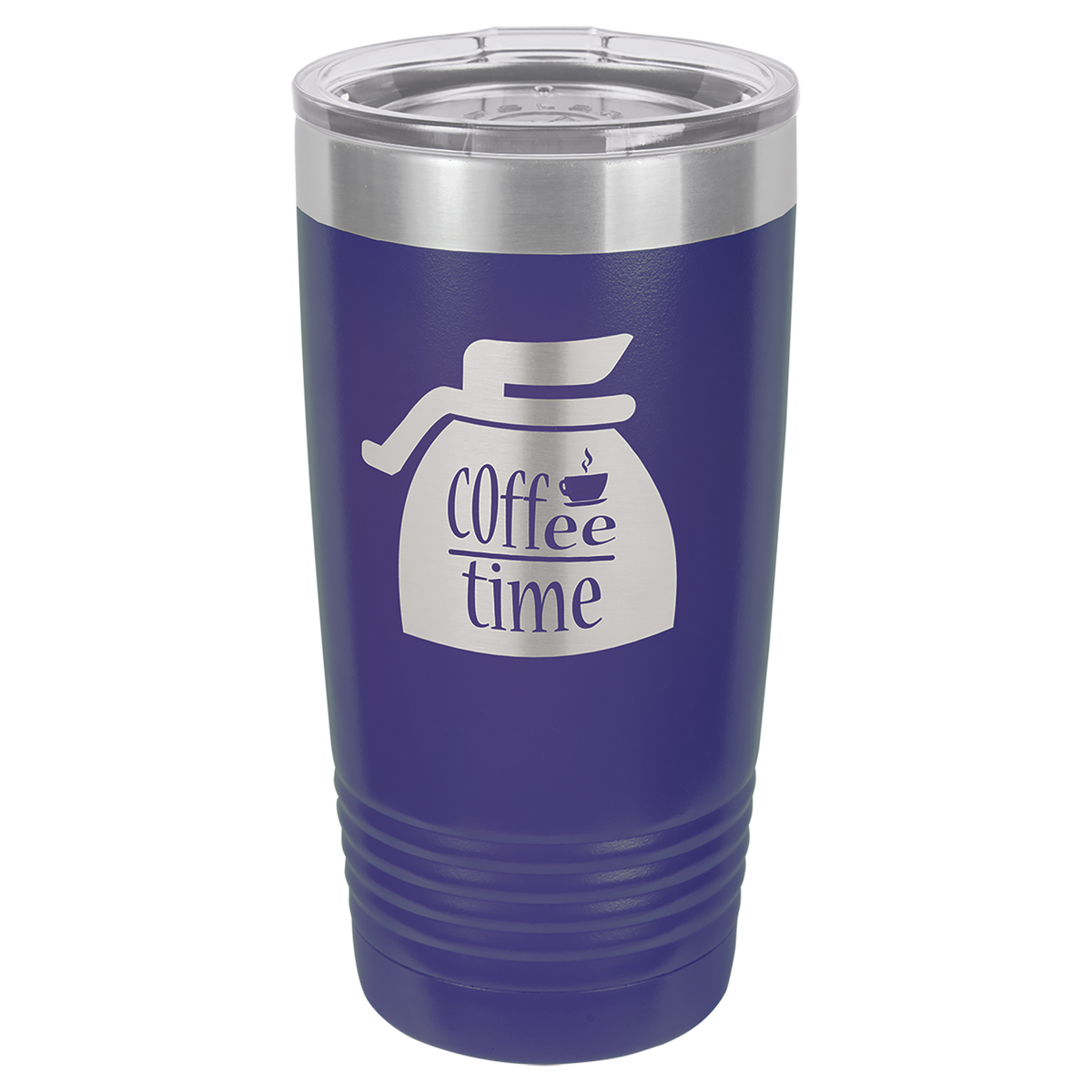 Purple insulated tumbler with 'Coffee time' design on a white background, polar camel.
